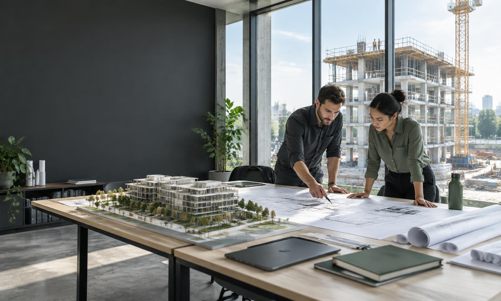 Engineers reviewing project plans and an architectural model beside a construction site